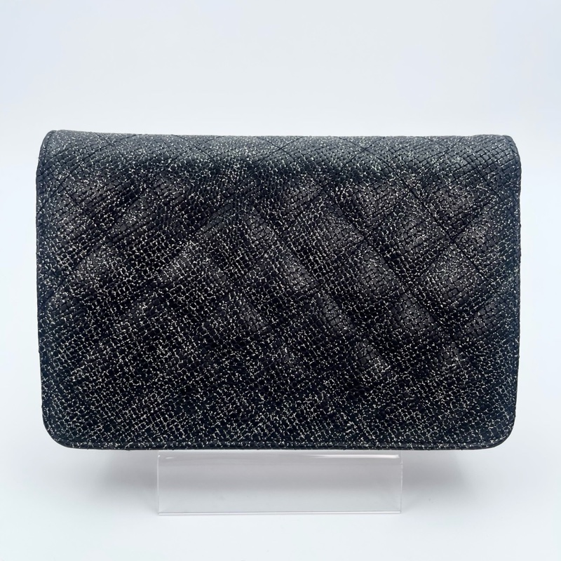 「JL精品代購」香奈兒黑銀閃粉魚子醬牛皮woc鏈條信封包-4