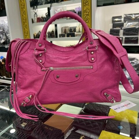 東區正精品㊣BALENCIAGA 505550 5619 CITY 巴黎世家桃紅色銀釦機車包肩背包手提包 RZ6314