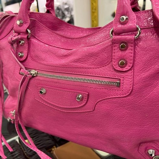 東區正精品㊣BALENCIAGA 505550 5619 CITY 巴黎世家桃紅色銀釦機車包肩背包手提包 RZ6314-9