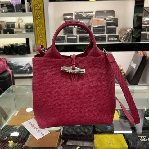 東區正精品㊣LONGCHAMP Le Roseau 桃紅色牛皮金屬竹節扣手提包斜背包兩用包小款10273 HFP RZ6315