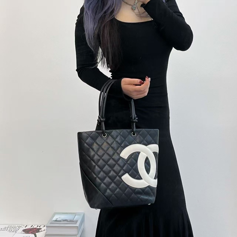 「JL精品代購」香奈兒黑白牛皮康鵬菜籃子小號-2