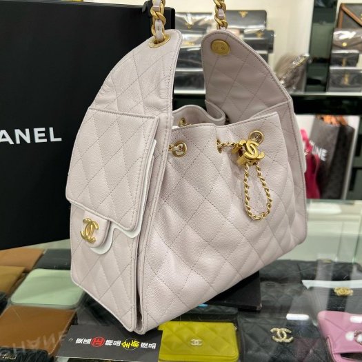 東區正精品㊣CHANEL 25 BAG AS5293 全新香奈兒淡紫色荔枝紋牛皮金釦 LOGO 金鍊束口抽繩肩背包手提包小款 RZ6312-1