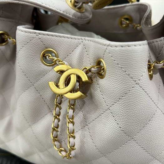東區正精品㊣CHANEL 25 BAG AS5293 全新香奈兒淡紫色荔枝紋牛皮金釦 LOGO 金鍊束口抽繩肩背包手提包小款 RZ6312-3