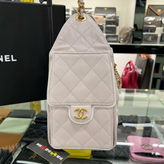 東區正精品㊣CHANEL 25 BAG AS5293 全新香奈兒淡紫色荔枝紋牛皮金釦 LOGO 金鍊束口抽繩肩背包手提包小款 RZ6312-7