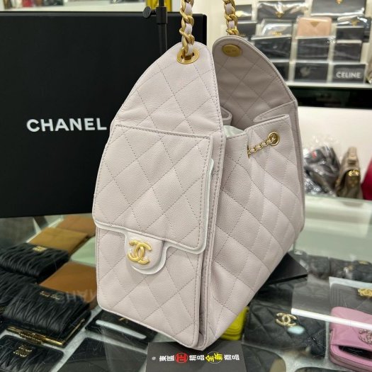 東區正精品㊣CHANEL 25 BAG AS5293 全新香奈兒淡紫色荔枝紋牛皮金釦 LOGO 金鍊束口抽繩肩背包手提包小款 RZ6312-8