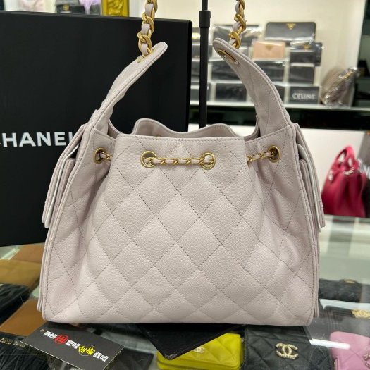 東區正精品㊣CHANEL 25 BAG AS5293 全新香奈兒淡紫色荔枝紋牛皮金釦 LOGO 金鍊束口抽繩肩背包手提包小款 RZ6312-11