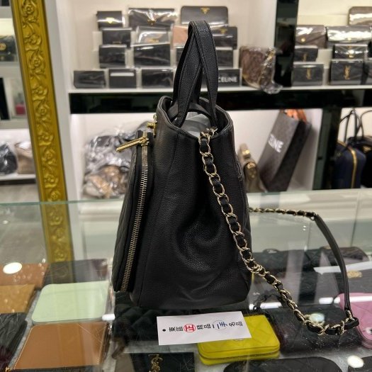 東區正精品㊣CHANEL Shoulder Bag 香奈兒黑色荔枝皮牛皮金鍊前口袋拉鍊手提包斜背包背包 RZ631-5