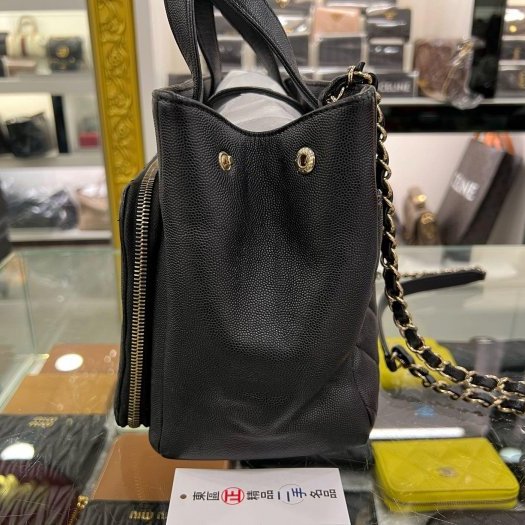 東區正精品㊣CHANEL Shoulder Bag 香奈兒黑色荔枝皮牛皮金鍊前口袋拉鍊手提包斜背包背包 RZ631-12