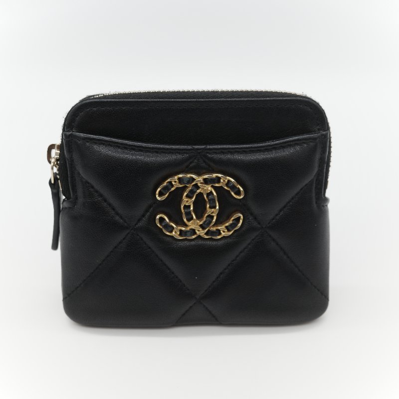 (大全配♥️)Chanel 香奈兒 19 大菱格紋 黑色羊皮 拉鍊 零錢包(卡位+零錢位)-2