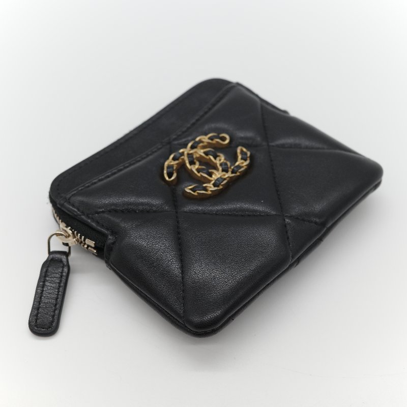 (大全配♥️)Chanel 香奈兒 19 大菱格紋 黑色羊皮 拉鍊 零錢包(卡位+零錢位)-4