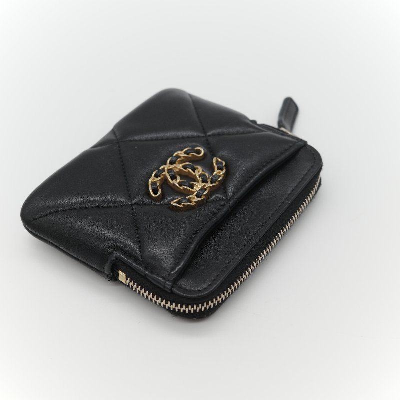 (大全配♥️)Chanel 香奈兒 19 大菱格紋 黑色羊皮 拉鍊 零錢包(卡位+零錢位)-5