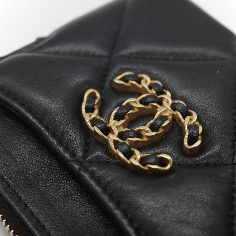 (大全配♥️)Chanel 香奈兒 19 大菱格紋 黑色羊皮 拉鍊 零錢包(卡位+零錢位)-9