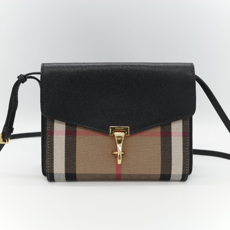 Burberry 巴寶莉 Small Macken 經典格紋 棕色牛皮 帆布 小型 斜背包 肩背包 馬鞍包-1