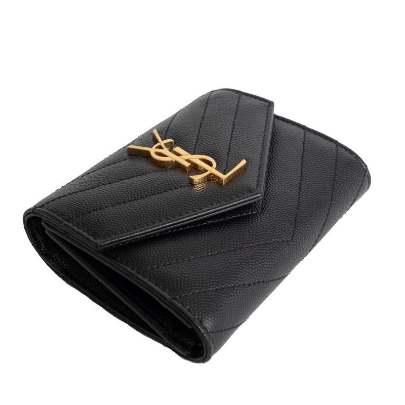 【YSL】SAINT LAURENT Cassandre 荔枝皮 皮革 三折開釦 短夾 卡夾 零錢包 黑色 金色 403943-1