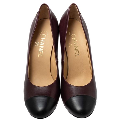 Chanel香奈兒酒紅/黑色皮革尖頭高跟鞋38.5