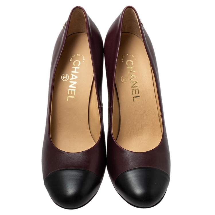 Chanel香奈兒酒紅/黑色皮革尖頭高跟鞋38.5-0