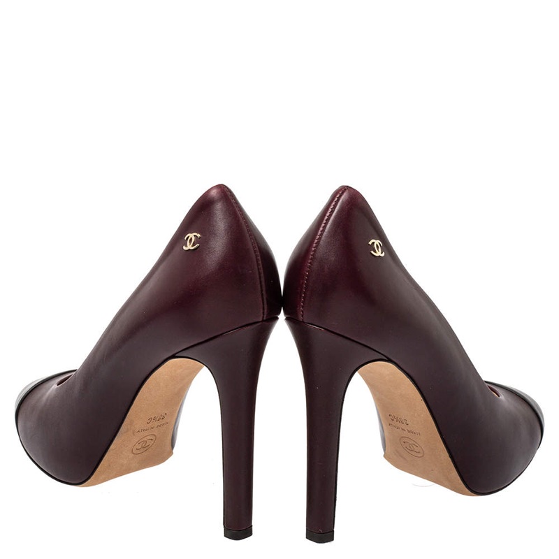 Chanel香奈兒酒紅/黑色皮革尖頭高跟鞋38.5-2