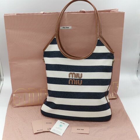 Miu Miu 繆繆 Ivy 藍白雙色 帆布 牛皮 大容量 單肩包 托特包