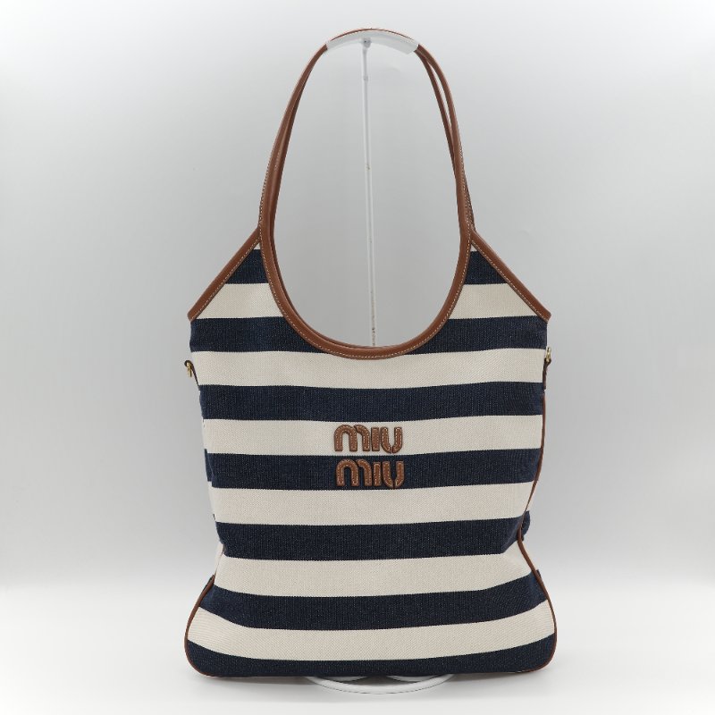 Miu Miu 繆繆 Ivy 藍白雙色 帆布 牛皮 大容量 單肩包 托特包-1