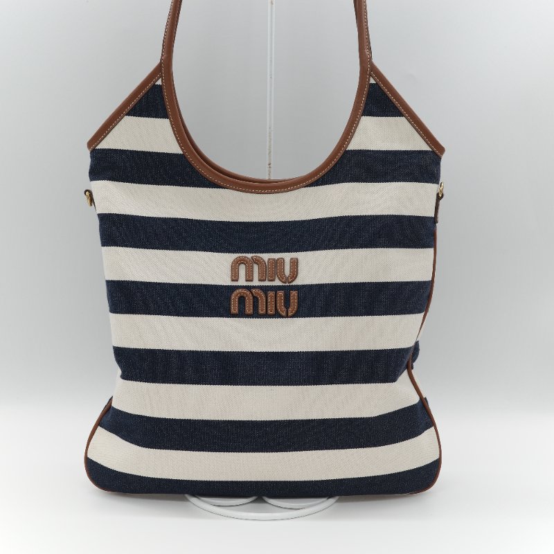Miu Miu 繆繆 Ivy 藍白雙色 帆布 牛皮 大容量 單肩包 托特包-2