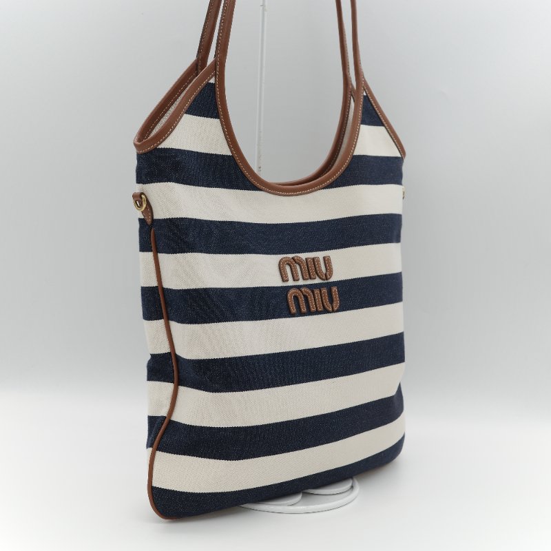 Miu Miu 繆繆 Ivy 藍白雙色 帆布 牛皮 大容量 單肩包 托特包-3