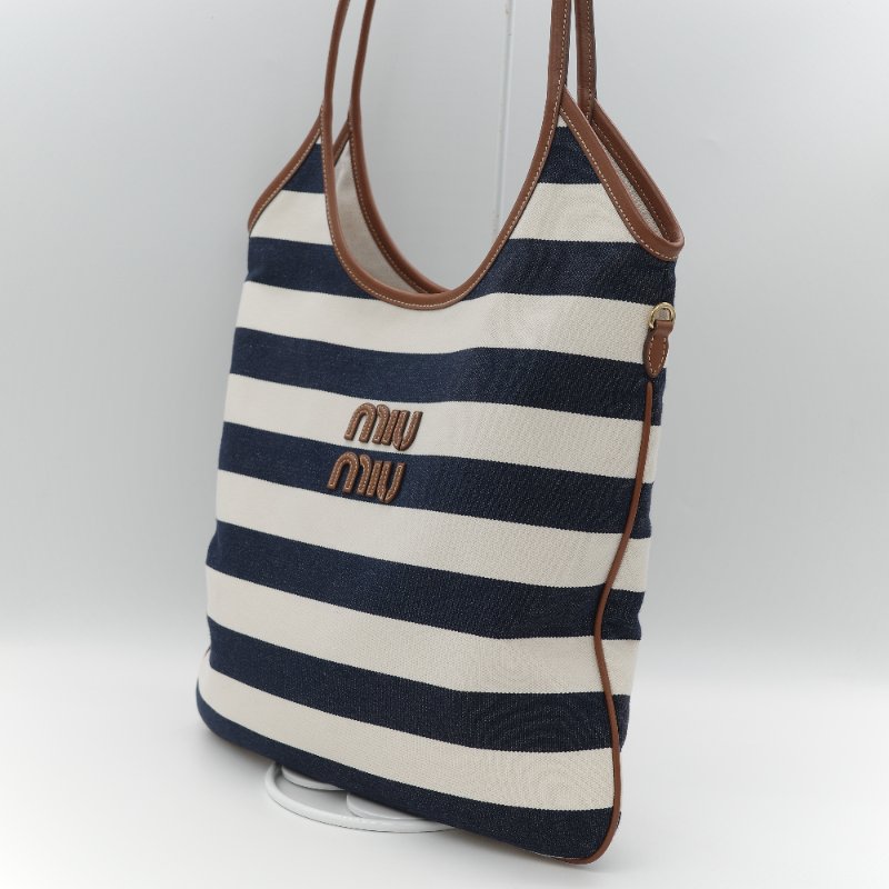 Miu Miu 繆繆 Ivy 藍白雙色 帆布 牛皮 大容量 單肩包 托特包-4