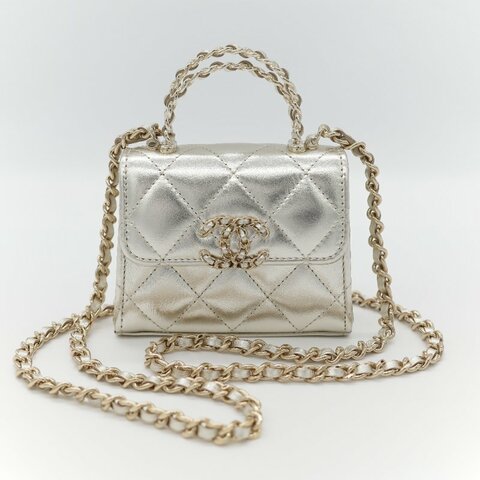 （稀有款♥️全網唯一）Chanel 香奈兒 香檳銀色 牛皮 Kelly 雙手提 鏈條包 斜挎包