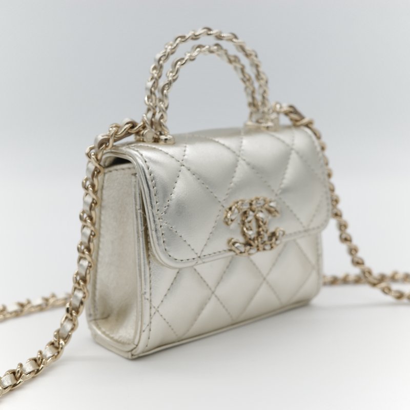 (稀有款♥️全網唯一)Chanel 香奈兒 香檳銀色 牛皮 Kelly 雙手提 鏈條包 斜挎包-1