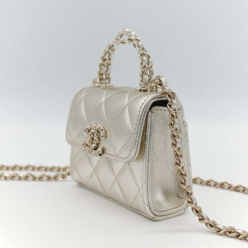 (稀有款♥️全網唯一)Chanel 香奈兒 香檳銀色 牛皮 Kelly 雙手提 鏈條包 斜挎包-2