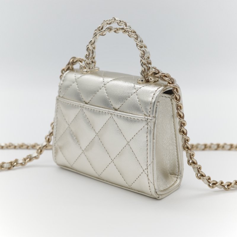(稀有款♥️全網唯一)Chanel 香奈兒 香檳銀色 牛皮 Kelly 雙手提 鏈條包 斜挎包-3