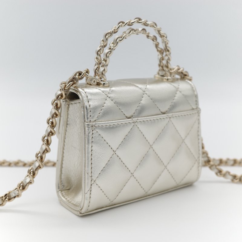 (稀有款♥️全網唯一)Chanel 香奈兒 香檳銀色 牛皮 Kelly 雙手提 鏈條包 斜挎包-5