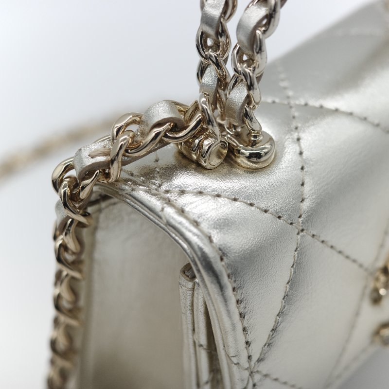 (稀有款♥️全網唯一)Chanel 香奈兒 香檳銀色 牛皮 Kelly 雙手提 鏈條包 斜挎包-8