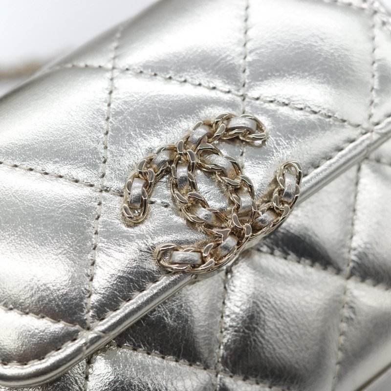 (稀有款♥️全網唯一)Chanel 香奈兒 香檳銀色 牛皮 Kelly 雙手提 鏈條包 斜挎包-10