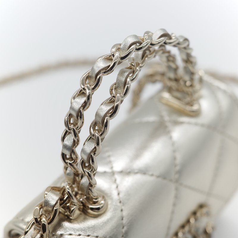 (稀有款♥️全網唯一)Chanel 香奈兒 香檳銀色 牛皮 Kelly 雙手提 鏈條包 斜挎包-11