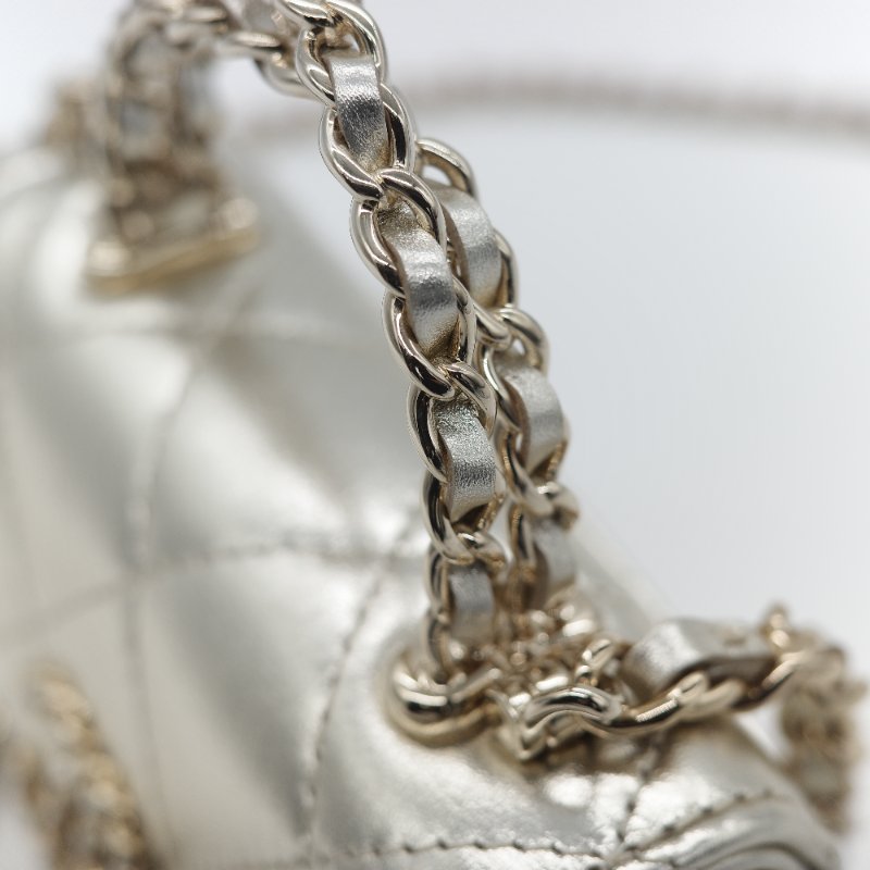 (稀有款♥️全網唯一)Chanel 香奈兒 香檳銀色 牛皮 Kelly 雙手提 鏈條包 斜挎包-12