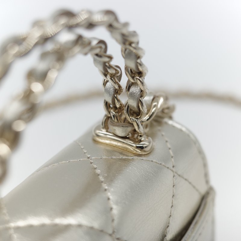 (稀有款♥️全網唯一)Chanel 香奈兒 香檳銀色 牛皮 Kelly 雙手提 鏈條包 斜挎包-13