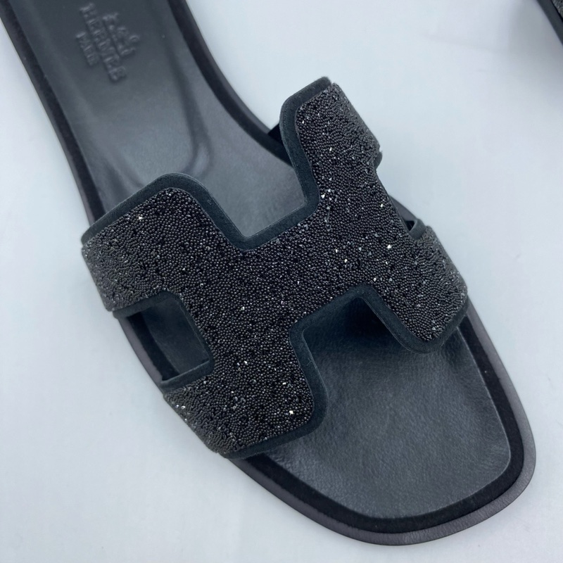 仅试穿 愛馬仕/Hermes 黑色鑽面拖鞋 36碼-2
