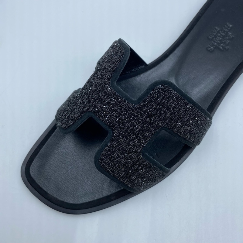仅试穿 愛馬仕/Hermes 黑色鑽面拖鞋 36碼-3
