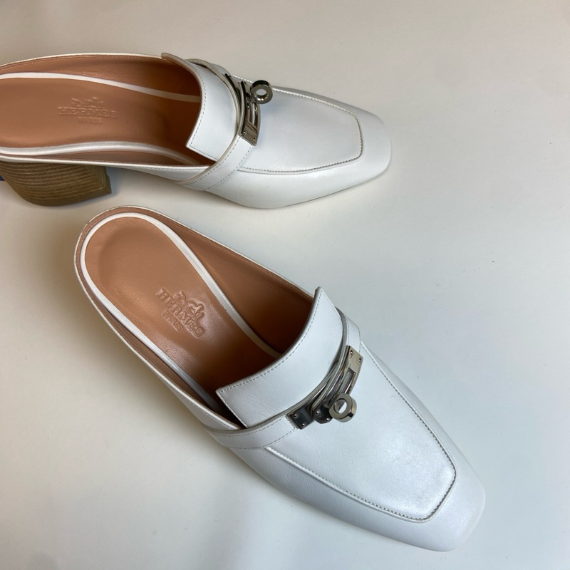 HERMES愛馬仕 Blossom系列 白色包頭粗跟包頭拖鞋。女鞋36碼,鞋跟高6.5cm。-1