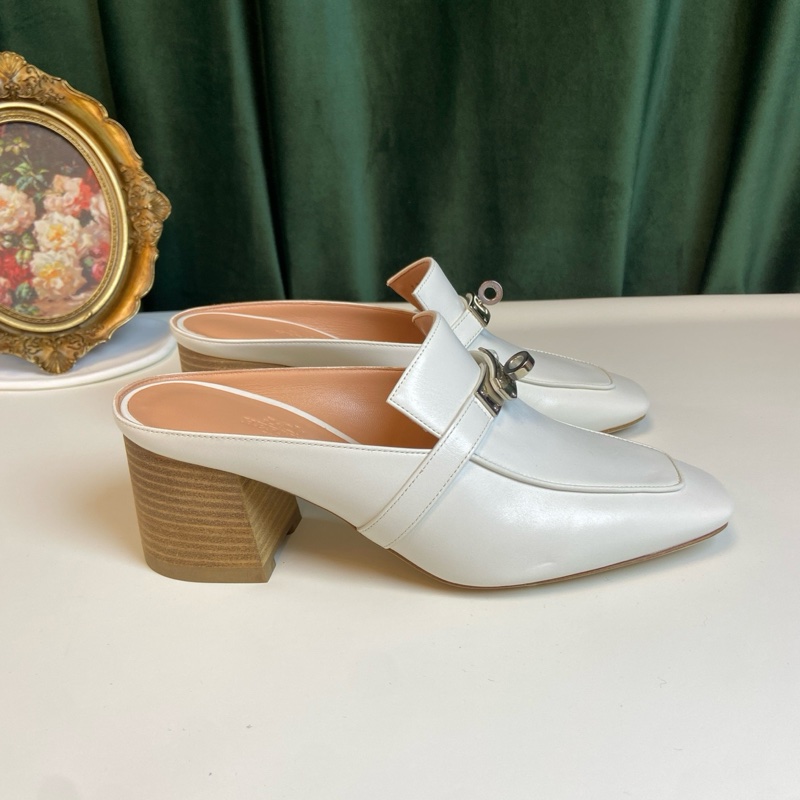 HERMES愛馬仕 Blossom系列 白色包頭粗跟包頭拖鞋。女鞋36碼,鞋跟高6.5cm。-4