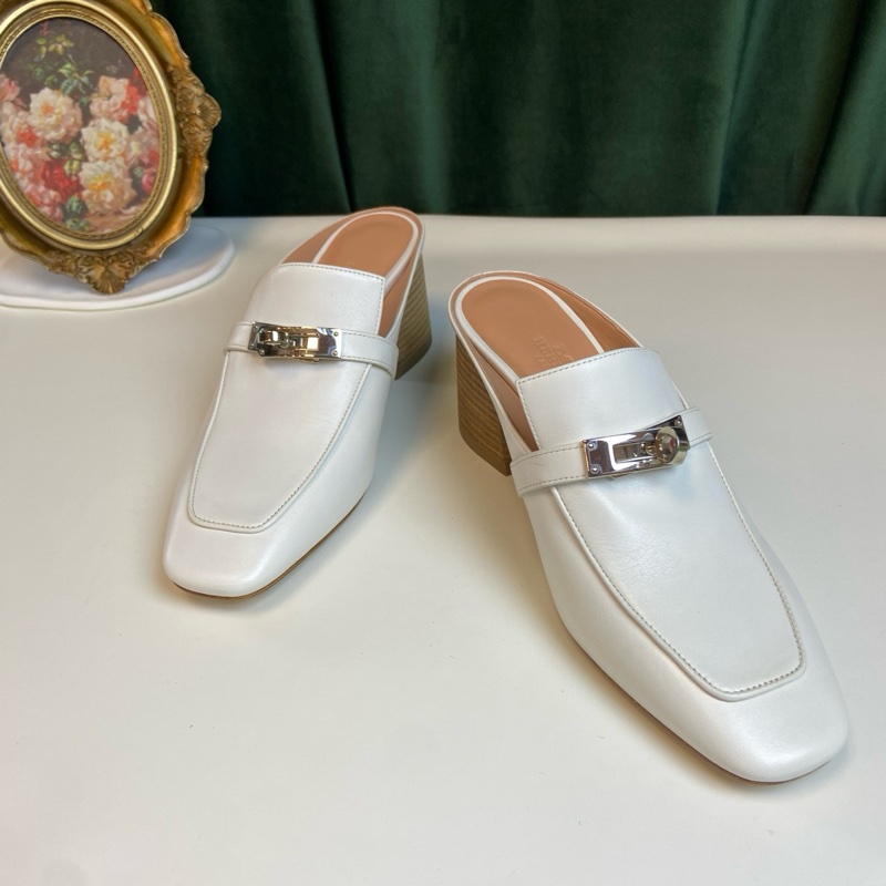 HERMES愛馬仕 Blossom系列 白色包頭粗跟包頭拖鞋。女鞋36碼,鞋跟高6.5cm。-5