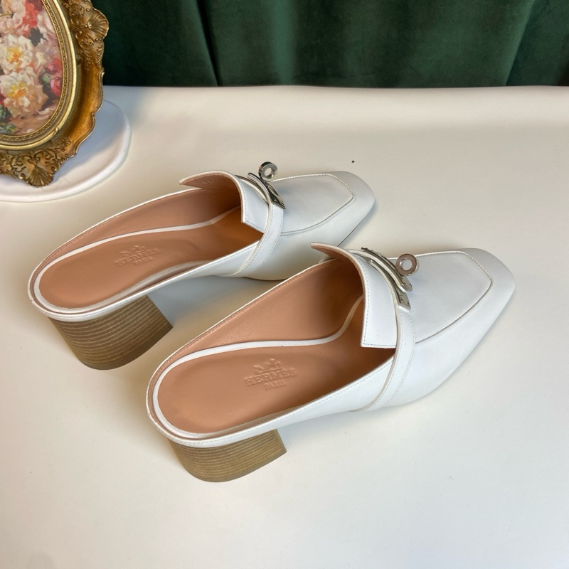 HERMES愛馬仕 Blossom系列 白色包頭粗跟包頭拖鞋。女鞋36碼,鞋跟高6.5cm。-6