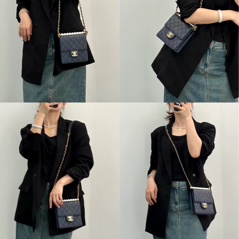 香奈兒CHANEL黑金小牛皮Matelasse Pearl Chain Bag珍珠鏈條翻蓋包肩斜背包AS0584-7