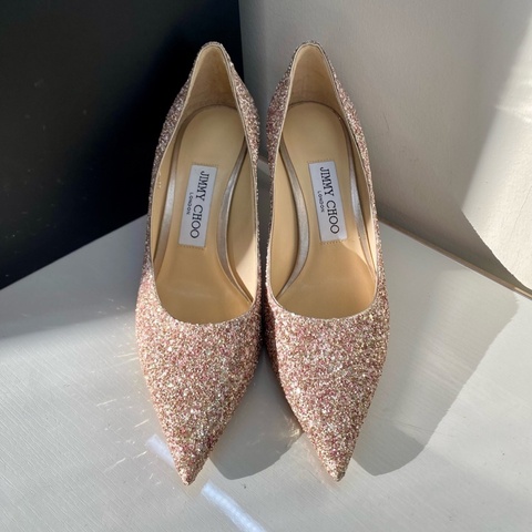 99新Jimmy Choo love系列 櫻花粉 尖頭細跟 高跟鞋   36碼
