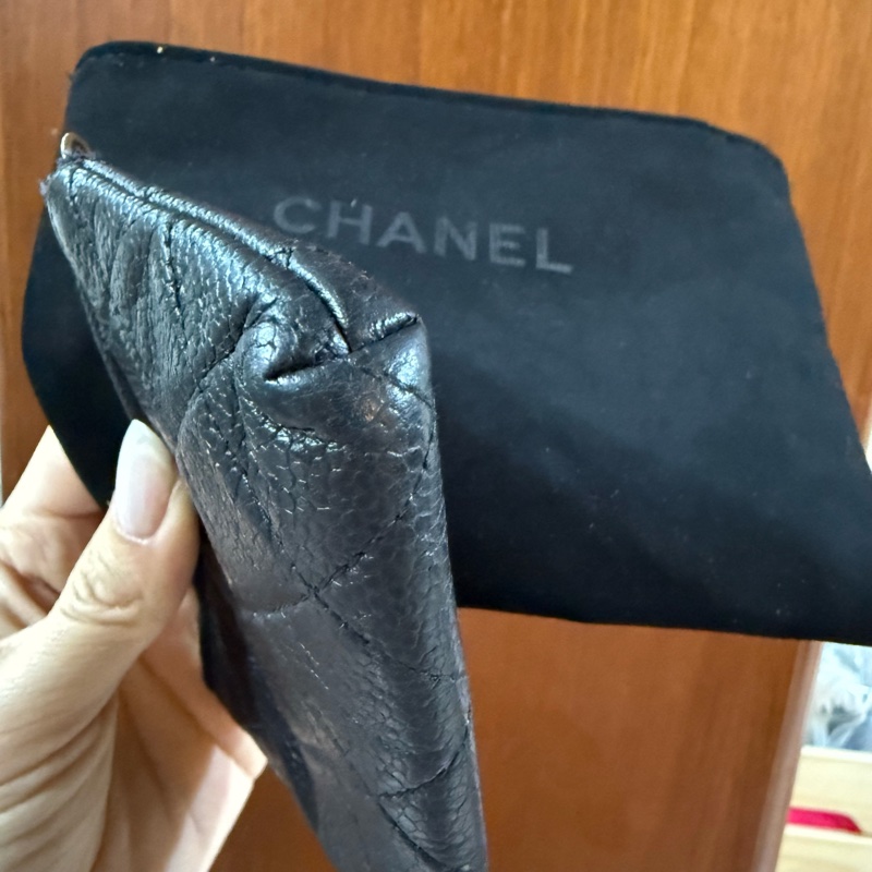 chanel 香奈兒 零錢包 黑色 一字零錢包 小廢包 黑金 附防塵袋 副廠鏈子 出清-4