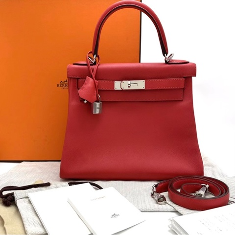 HERMES/愛馬仕番茄紅銀扣kelly 28 x刻