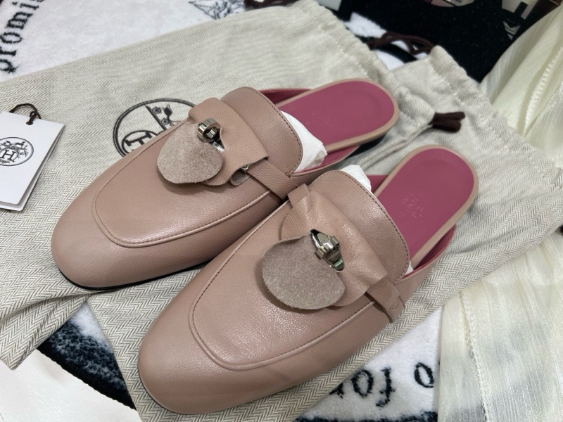 Hermes/愛馬仕 Kelly扣 藕粉色半拖 穆勒鞋  38碼 附件：盒子防塵袋-1
