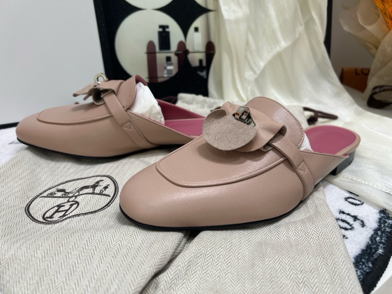 Hermes/愛馬仕 Kelly扣 藕粉色半拖 穆勒鞋  38碼 附件：盒子防塵袋-2