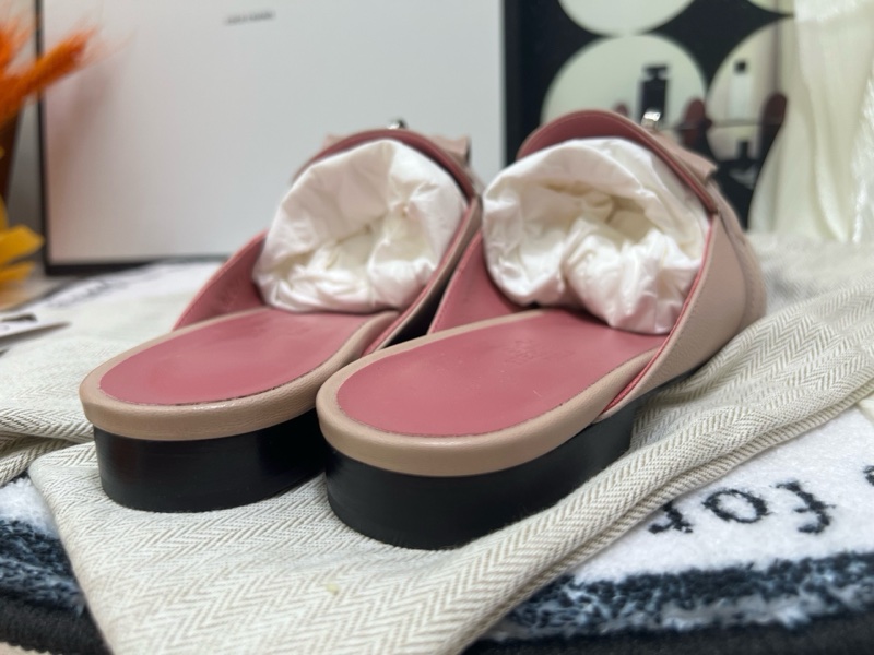 Hermes/愛馬仕 Kelly扣 藕粉色半拖 穆勒鞋  38碼 附件：盒子防塵袋-3