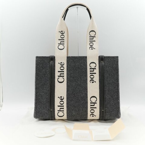 Chloé 蔻依 Woody 小號 黑灰色毛呢 單肩包 托特包